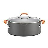 Rachael Ray Hard-Anodized Nonstick Oval Pasta Pot/Stockpot with Lid and Pour Spout, 8-Quart, Gray with Orange Handles