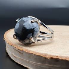Snowflake obsidian round ring natural gemstone cocktail adjustable silver plated