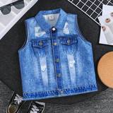 SHEIN Young Boy Casual Denim Vest Jacket With Patchwork Design