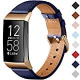 CeMiKa Strap Compatible with Fitbit Charge 4 Strap/Fitbit Charge 3 Strap, Genuine Leather Strap Replacement Wristband for Charge 3/Charge 4 Tracker, Blue/Rose Gold