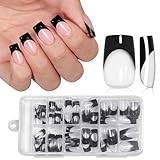 French Gel Nail Tips, 120pcs Short Coffin Press on Soft Gel Fake Nails, 3 in 1 X-coat Pre-Applied Tip Primer & Base Coat, 12 Sizes for DIY Nail Extension, No Filing Required (HJ-NT088-Black)