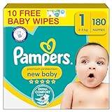 Pampers Premium Protection New Baby Size 1, 180 Nappies, 2kg-5kg, Monthly Pack + Pampers Harmonie Aqua Baby Wipes 10 Count