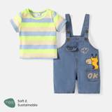 2pcs Baby Boy/Girl 95% Cotton Giraffe Graphic Denim Overalls Shorts and Short-sleeve Striped Naia™ Tee Set