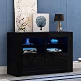 Panana 100cm TV Stand Storage Unit Sideboard LED Lighted TV Console with Storage Cabinets & Open Glass Shelf, Media Console Fit For 32 40 43 inch 4k TV (Black)