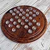 WOODEN SOLITAIRE BOARD GAME WITH PEARLESCENT GLASS MARBLES 20CM DIAMETER | Thuya wood | classic wooden solitaire game | strategy board game