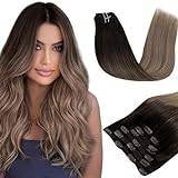 RUNATURE Clip in Hair Extensions Ombre Human Hair Darkest Brown to Blonde Human Hair Clip in Extensions Balayage Brown Clip in Human Hair Extensions 14 Inch 80 Gram 7pcs
