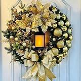 Pre-Lit Christmas Wreath for Front Door, 40 cm Door Wreaths With Lantern Baubles Berries and Bows, Artificial Christmas Garland Home Office Wall Wedding Holiday Festival Indoor Outdoor Decor (Gold)