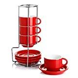 Sweese 405.104 Porcelain Stackable Espresso Cups with Saucers and Metal Stand - 4 Ounce - Set of 4, Red