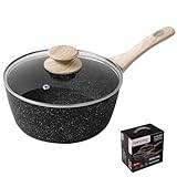 Rainberg Saucepan with Lid, Nonstick Milk Pan Suitable with Induction, Gas and Electric Hobs, Cooking Pot with Pour Spout. (Black, 18cm)