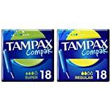 Tampax Compak Super Tampons with Applicator, 18 Count (Pack of 1) & Compak Tampons, Super Plus with Applicator, 18 Tampons, Leak Protection and Discretion, Absorption Channels