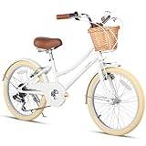Glerc Missy 20" inch Girl Cruiser Kids Bike Shimano 6-Speed Teen Hybrid City Bicycle for Youth Ages 6 7 8 9 10 11 12 Years Old with Wicker Basket & Lightweight, White