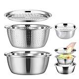 Multifunctional Stainless Steel Basin with Grater Vegetable Cutter,Strainers and Colanders Kitchen Colander Strainer Set,Salad Spinner Fruit Vegetable Rice Washing Strainer Basket Washing Bowl (28cm)