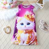 SHEIN Young Girls Summer Sleeveless Round Neck d Cat Print Homewear Nightgown