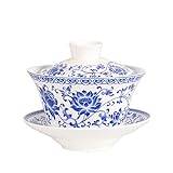 Chinese Porcelain Teacups 10oz Gaiwan Peony Lotus Flower Tureen Tradition Sancai Cover Bowl Lip Cup Saucer Tea Set (Blue lotus)