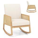 Multigot Rocking Chair, Upholstered Linen Fabric Rocker Accent Chair with Wooden Legs and Rattan Armrests, High Back Leisure Armchair for Living Room Bedroom Nursery