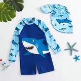 SHEIN pcsSet Young Boys Casual And Comfy OnePiece Shark Printed Swimwear With Matching Swim Cap Ideal For Spring And Summer Vacation