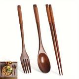 3pcs/kit Handmade Natural Wood Dinner Set With Spoon, Chopsticks, And Fork - Perfect For Rice, Soup, And Grain Dishes - Elegant And Durable Tableware