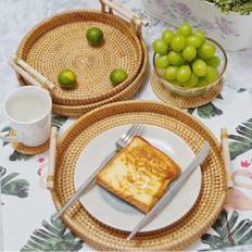 SHEIN pc Rattan Round Tray Wicker Woven Bread Basket With Handles For Cookie Dinner Coffee Table Breakfast Rattan Insulated Tray Food Plate Fruit Snack Picn