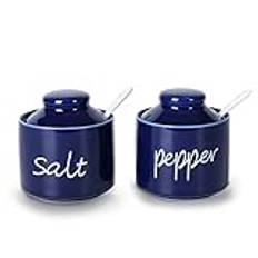 ONTUBE Farmhouse 8oz Pepper and Salt Bowls with Lid and Spoon, Ceramics Condiment Pots,Seasoning Jar Spice Container for Kitchen,Dishwasher Safe (Navy)