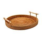 Woven Round Serving Tray with Handle, Rattan Woven Fruit Plate Bread Basket Decorative Display Tray Storage Platters Desktop Organiser Tray for Serving Dinner Parties Coffee Breakfast
