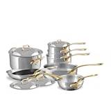 Mauviel M'Cook B 5-Ply Polished Stainless Steel 12-Piece Cookware Set With Brass Handles, Made In France