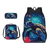 ZIATUBLES Sea Turtle Coral Print Large Capacity Backpack Student Schoolbag Portable Travel Laptop Bag Pencil Case Lunch Box Lightweight Rucksack Casual Daypack Washable Bookbag