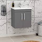 Turin 500mm Wall Mounted Bathroom Furniture Vanity Unit Indigo Grey Gloss 2 Door with Mid Edge Sink Basin & Mixer Tap - Plan