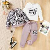 SHEIN Young Girl Leopard Print Bomber Jacket  Sweatpants  Slogan Graphic Tee