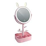 TOMYEUS Makeup Organizer Desktop Cosmetic Storage Box with Makeup Mirror Dressing Table Desktop Finishing Storage Box Necklace Storage Rack Makeup Storage (Color : Pink)