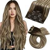 Moresoo Clip in Hair Extensions Balayage Human Hair Extensions Clip in Dark Brown to Chestnut Brown with Platinum Blonde Clip in Extensions 22 Inch 7 Pieces/120g #4/6/613