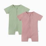 MORI Ribbed Zip Summer Baby Sleepsuit 2 Pack, Baby Boy/Baby Girl, Green, Allergy Friendly Organic Cotton