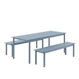 linear steel outdoor dining set by Muuto - pale blue
