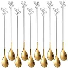 AnSaw Long Spoon 7.4-Inch Leaf Handle Teaspoons set, 10-Pieces White & Gold Stainless Steel Coffee Stirring Spoons