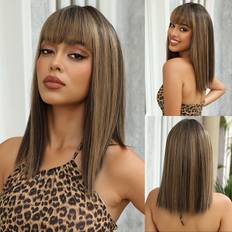 Medium Long Straight Wig With Bangs Synthetic Wig Beginners Friendly Heat Resistant Elegant For Daily Use Wigs For Women - Brown Highlights