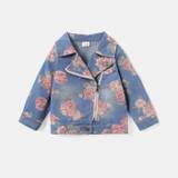 Baby Girl 95% Cotton Allover Floral Print Lapel Collar Long-sleeve Zipper Denim Jacket