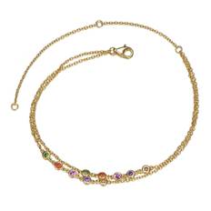 Women's Sterling Silver Gold Plated Champagne, Amethyst, Ruby, Orange & Peridot Double Layer Rolo Chain Anklet, Adjustable Length Genevive Jewelry - One size