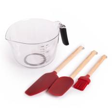 4pc Baking Set with Birchwood & Silicone Pastry Brush, Spoon Spatula, Mixer Spatula and 2l Clear Measuring Bowl with Handle