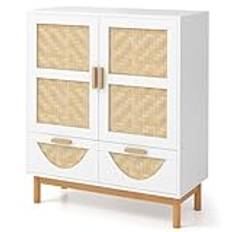 TANGZON Storage Cabinet, Wooden Kitchen Sideboard with Bamboo Woven Doors, Adjustable Shelf, Drawers & Anti-Tipping Device, Floor Standing Accent Buffet Cupboard Unit for Dining Living Room Hallway