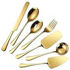 Yanshe 7pcs Stainless Steel Flatware Serving Utensil Set, 12 inches Cutlery Gold Kitchen Cooking Tools Include Table Knife, Table Fork, Table Spoon, Spatula Tableware for Home Buffet Party