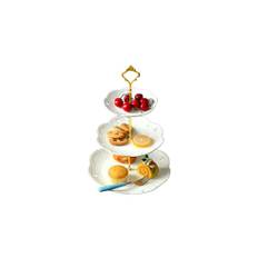 YBK Tech 3 Tier Porcelain Serving Platter Cake Plate Stand Dessert Display Cakes Platter Food Rack - (White, Gold rod)