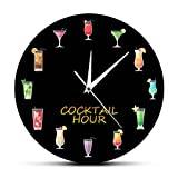 AMZOC Wall Clock Silent Non-Ticking 12 Inch Cocktail Hour Bar Menu Print Wall Clock For Kitchen Home Bar Happy Hour Man Cave Pub Lounge Drinking Sign Decorative Wall Watch