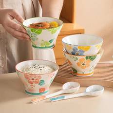 SHEIN Set Of pcs Inch Ceramic Salad  Dessert Bowls With Dessert Spoon HighFoot Rice Bowl For Home Use Suitable For Salad Dessert Noodle Grain Fruit Bowls In