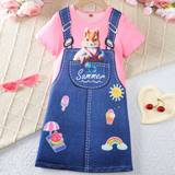 SHEIN Young Girls Cute And Casual d Squirrel Printed Short Sleeve Denim Dress Made Of QuickDry Fabric
