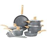Kitchen Academy 12 Pieces Nonstick Pots and Pans Set, Induction Cooking Pan Set, Non Stick Saucepan Set, Granite-Coated Frying Pan Set, Grey