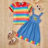 SHEIN Young Girls Rainbow Doll Collar Denim Dress pcsSet