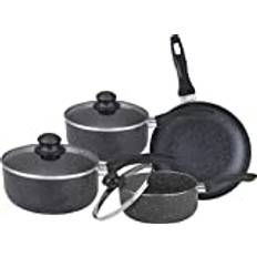 7 Piece Aluminium Non-Stick Cookware Set - Saucepan Frying Pan Pot Stainless Steel Non Stick Glass Ceramic New | Lid Pot Frypan Stockpots Home Kitchen Chef Cooker (7pc Marble Coated Grey)