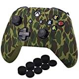 YoRHa Water Transfer Printing Camouflage Silicone Cover Skin Case for Microsoft Xbox One X & Xbox One S controllerx 1(forest) With PRO thumb grips x 8