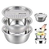 Azazaza Multifunctional Stainless Steel Basin, 26/28CM 0.25/0.35CM Thick Strainer Set with Graters for Kitchen, Rice Washing Strainer Basket Bowl, Food Graters with Container (26CM, Thicken)