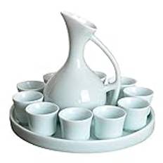 TIIAXCZ Sake Set Of Cup Set,Ceramic Cups, Crafts Wine Glasses,12 Pieces of Chinese Wine Glass Set, China Traditional Porcelain Ceramic Cup, Including Wine Bottle, 10 Wine Glasses, Tray, Cyan (Color :
