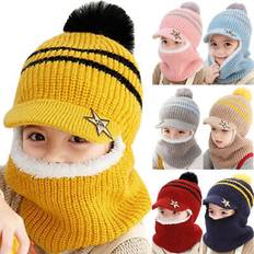 Kids boys girls knitted balaclava cap winter snood neck warmer beanie pom cap